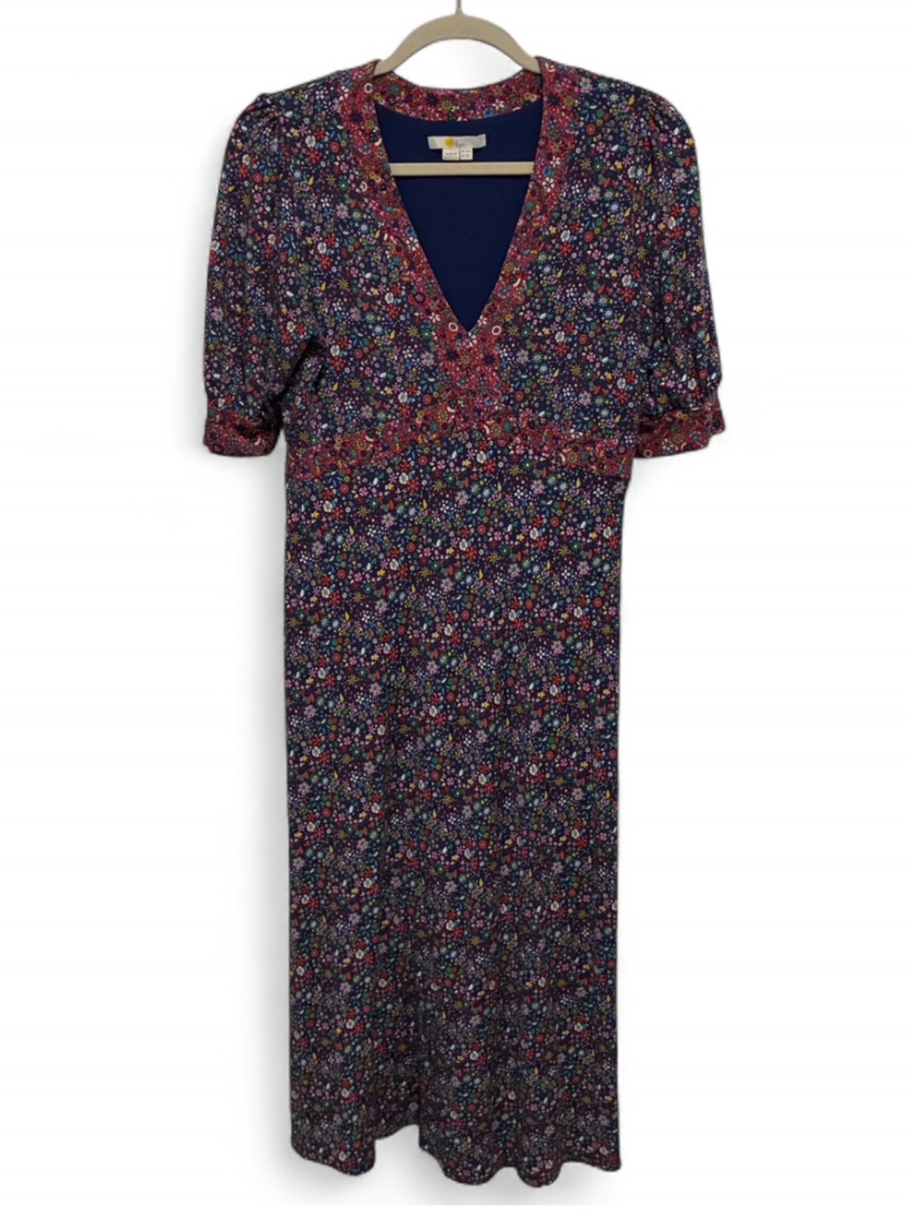 Boden Dark Blue Floral V-Neck Short Sleeve Midi Dress